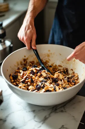 The soaked fruits and chopped almonds are folded into the batter in the large mixing bowl, ensuring even distribution of fruits and nuts throughout.