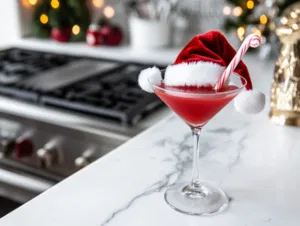 The completed Santa’s Hat Cocktail on the white marble countertop, garnished with a peppermint stick for a festive touch and ready to serve.