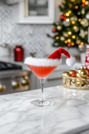 The completed Santa’s Hat Cocktail on the white marble countertop, garnished with a peppermint stick for a festive touch and ready to serve.