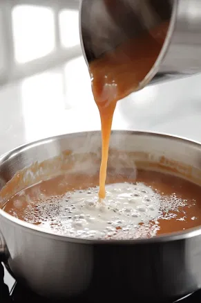 Heavy cream is poured slowly into the saucepan on the white marble cooktop, causing rapid bubbling as it mixes with the caramel. The sauce thickens, achieving a smooth, rich consistency, ready for a brief boil to perfect the texture.