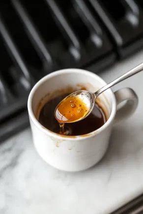 A spoon of golden honey is shown being stirred into the espresso in the mug, dissolving smoothly and blending into the hot liquid.