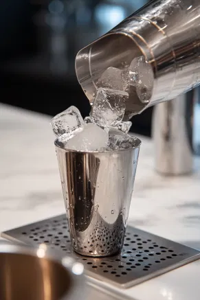 The cocktail shaker on the white marble countertop shaken vigorously, with ice cubes visible through its transparent lid, blending the ingredients.