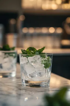 A Collins glass on a white marble cooktop being filled with ice cubes, creating a cool and refreshing preparation for the drink.