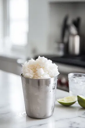 The cocktail shaker on the white marble cooktop has lime juice, light rum, coconut rum, coconut milk, and a handful of crushed ice added. The shaker is securely closed, ready for a vigorous shake to chill the mixture.