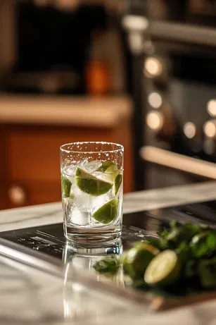 Tequila and freshly squeezed lime juice are poured over the ice in the tall glass on the white marble cooktop, with a small pinch of fine salt sprinkled on top. The vibrant contrast between the clear liquid and green lime captures the fresh, zesty look.