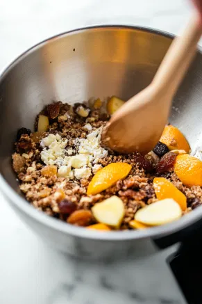 The marinated fruits are added to the dry ingredients in the mixing bowl on the white marble cooktop. Lightly beaten eggs are stirred in, forming a soft and rich pudding mixture with a festive aroma.