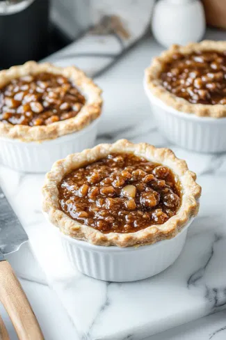 The pie crusts are filled with a generous portion of traditional mincemeat filling, creating a rich, spiced layer.