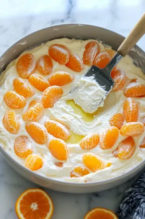 A spatula folding olive oil and clementine segments into the smooth cake batter in a mixing bowl on the white marble cooktop.