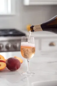 Sparkling cider being slowly poured into the Champagne flute on the white marble countertop, gently blending with the peach nectar.