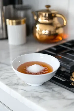 A pitcher on the white marble countertop with sugar being stirred into the strained liquid until dissolved, ready for chilling.