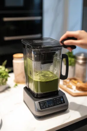 The blender on the white marble cooktop is pictured with sweetener being added to the green matcha mixture, blending for a few seconds to ensure balanced sweetness.