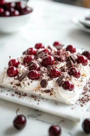 The dessert on the white marble cooktop is adorned with stoned cherries and a generous sprinkle of grated dark chocolate. The vibrant cherries and rich chocolate create an eye-catching and delicious finish.