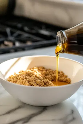 Eggs, milk, vegetable oil, and vanilla extract being poured into the bowl of dry ingredients on the white marble countertop.