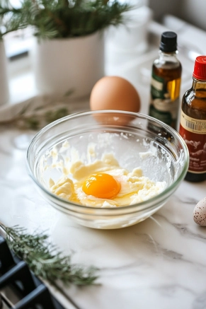 The glass mixing bowl on the white marble cooktop shows an egg being cracked into the creamed butter and sugar mixture. Nearby, bottles of vanilla extract and peppermint oil await their turn to be added.