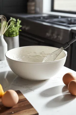 Eggs, whole milk, coconut milk, melted butter, and vanilla extract are added to the large mixing bowl on the white marble cooktop, combining with the dry ingredients. A whisk smoothly incorporates the wet ingredients, forming a creamy, lump-free batter.