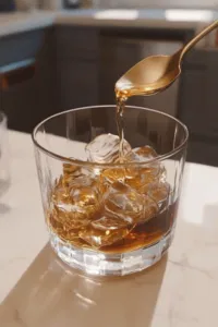 Rye whiskey is poured over ice in the mixing glass on the white marble cooktop. A bar spoon stirs the mixture for 15-20 seconds, blending and chilling the ingredients.