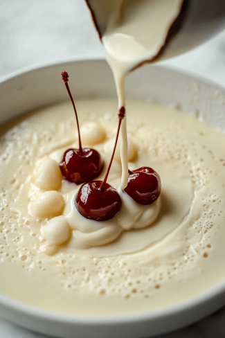 Melted white chocolate is drizzled over the top of the pudding on the white marble cooktop, forming a decorative layer. A fresh cherry is delicately placed on top, adding a festive garnish.