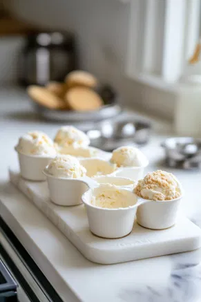 The biscuit crumb mixture being pressed onto the top of the ice cream in the moulds on the white marble countertop, forming a firm base.