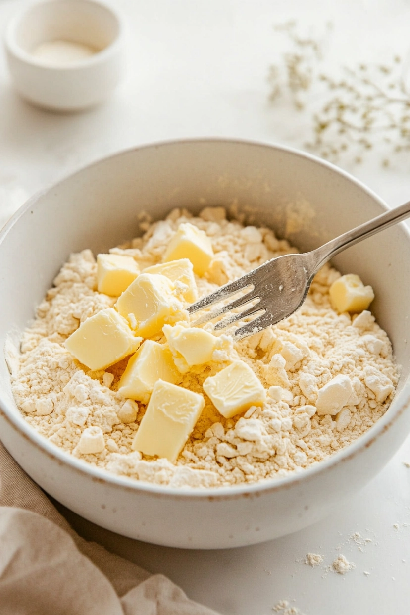 Add the chilled, cubed butter and use a fork