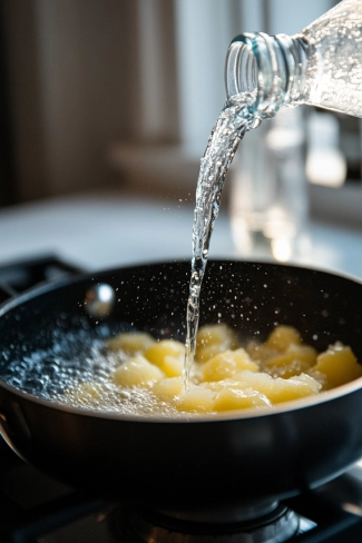 A black saucepan on a white marble cooktop, with finely diced lemon peel being added to the gently simmering water and sugar mixture, releasing aromatic steam.