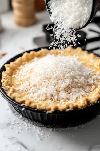 Flaked coconut is being sprinkled from a small black bowl over the filled pie on the white marble cooktop, creating a decorative topping.