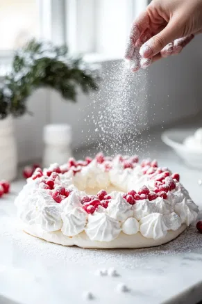 Edible glitter is being sprinkled lightly over the assembled pavlova wreath, giving it a festive shimmer on the white marble cooktop.