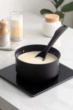 Softened gelatin is being stirred into the hot milk mixture in a black saucepan on the white marble cooktop. The mixture begins to partially set.