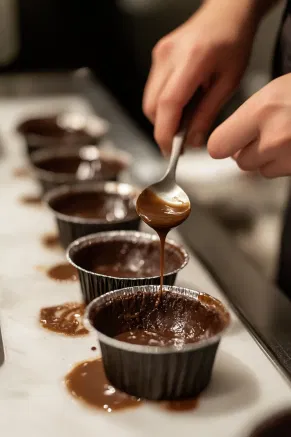 A teaspoon of golden salted caramel sauce being delicately spooned into the center of each mould filled with chocolate batter, on the white marble cooktop.