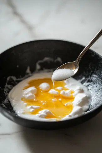 A close-up of sugar being added gradually to whisked egg whites in a black bowl on a white marble cooktop. A spoon drizzles vinegar, cornflour, and vanilla into the mixture, creating a silky meringue.