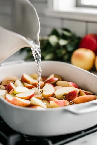 Water is being poured evenly over the apples in the baking dish, which is set on the white marble cooktop.