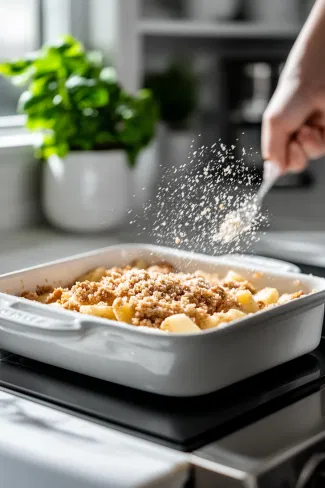 The crumbly topping is being evenly sprinkled over the apple mixture in the baking dish on the white marble cooktop.