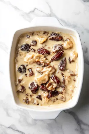 Softened dates and remaining water folded into batter in a mixing bowl on a white marble cooktop, with batter poured into a greased 8x8 inch baking dish.