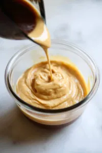 Various ingredients – sweetened condensed milk, cream of coconut, coconut milk, evaporated milk, and rum – are being poured into the container on the white marble cooktop, blending into a thick, creamy mixture for the Coquito.