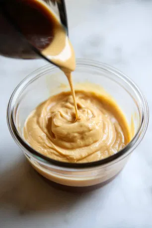 Various ingredients – sweetened condensed milk, cream of coconut, coconut milk, evaporated milk, and rum – are being poured into the container on the white marble cooktop, blending into a thick, creamy mixture for the Coquito.