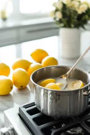 A spoon stirring the mixture in the pitcher on the white marble countertop, fine-tuning the flavors by adjusting the lemon juice, sugar, or water.