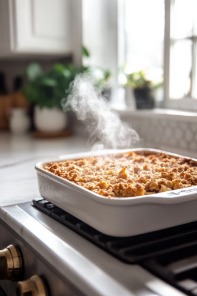 The freshly baked Apple Crisp rests on the white marble cooktop with steam rising, ready to be served.