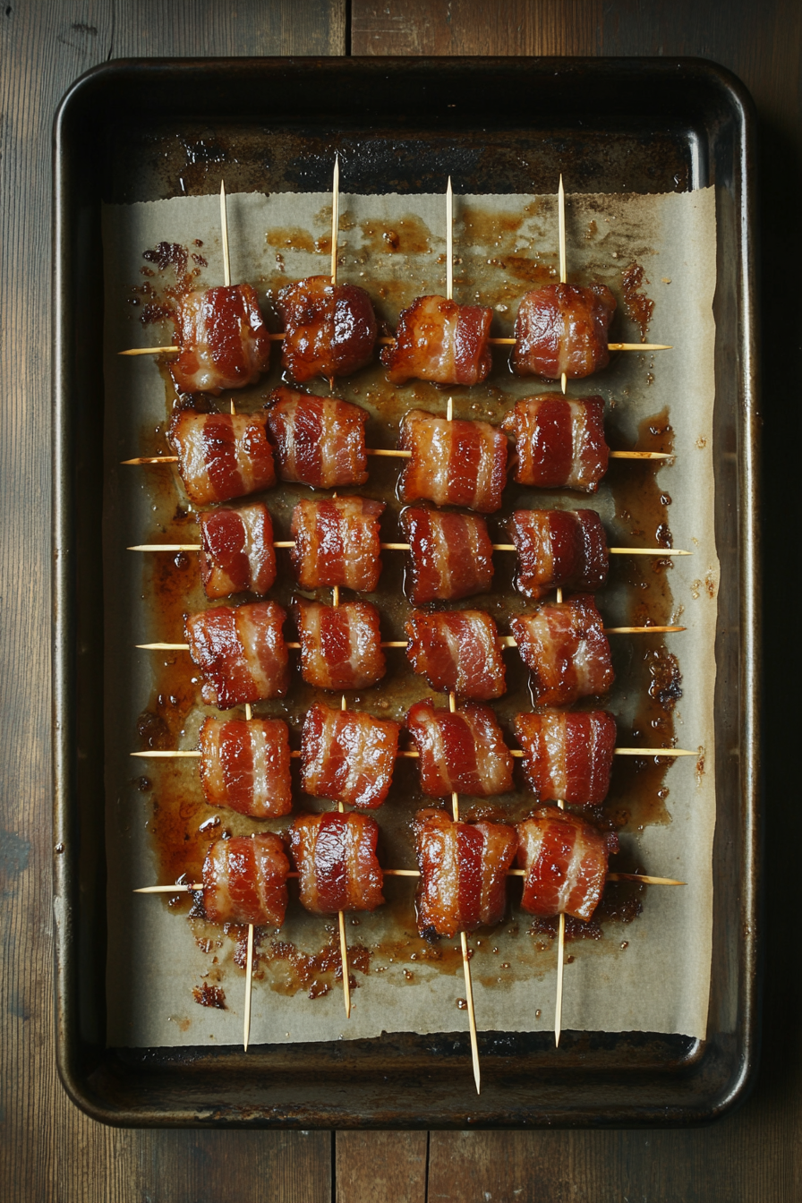 A parchment-lined baking sheet displays rows of bacon-wrapped smokies, each glistening with a caramelized sugar coating. Toothpicks hold the pieces together, adding a rustic touch as they await baking.