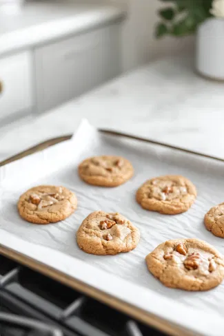 Sliced shortbread pieces are being neatly arranged on a parchment-lined baking sheet over the white marble cooktop, spaced 1 inch apart for even baking.