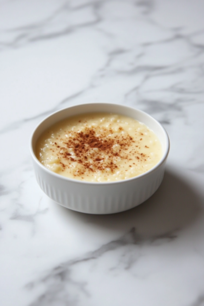 A serving bowl of warm rice pudding sits on the white marble cooktop, sprinkled with ground cinnamon for garnish. The dish is ready to be enjoyed, served warm or cold.