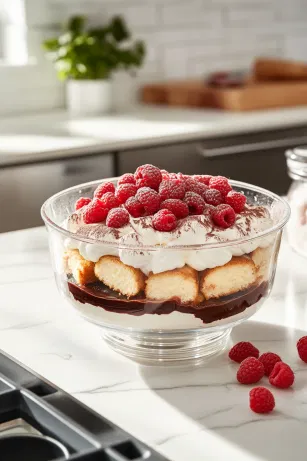 The trifle bowl is positioned on the white marble cooktop, where slices of pound cake are layered at the bottom and drizzled with raspberry juice. A layer of the cream cheese mixture is spread over the cake, followed by a light dusting of cocoa powder and a sprinkle of fresh raspberries, completing the first layer.