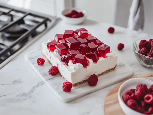 The set jelly is turned out onto a cutting board on the white marble cooktop, then cut into small cubes. The chilled cheesecake is released from the springform tin and placed onto a serving plate. It’s topped with the whipped cream, jelly cubes, raspberry sauce, and fresh raspberries for a colorful, festive finish.