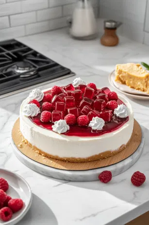 The set jelly is turned out onto a cutting board on the white marble cooktop, then cut into small cubes. The chilled cheesecake is released from the springform tin and placed onto a serving plate. It’s topped with the whipped cream, jelly cubes, raspberry sauce, and fresh raspberries for a colorful, festive finish.