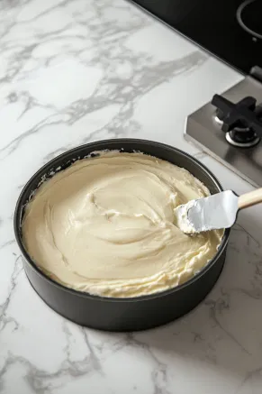 The chilled biscuit base in the springform tin sits on the white marble cooktop as the creamy cheesecake mixture is spooned on top. A spatula spreads and smooths the surface evenly, creating a flawless layer. The cheesecake is ready to return to the fridge to set.