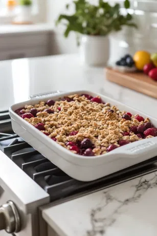 A baking dish on the white marble cooktop filled with the softened fruit mixture, topped evenly with the crumble mixture, ready for baking.