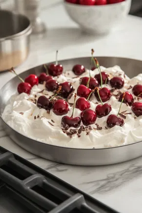 The cooled chocolate meringue on the white marble cooktop is topped with whipped cream. Fresh cherries are scattered over the cream, and a sprinkle of grated dark chocolate adds a final touch of elegance.