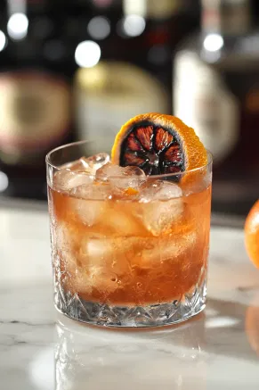 A glass filled with ice cubes and a charred orange wedge on a white marble cooktop. Spiced gin, red vermouth, and Campari are poured over the ice, and the drink is gently stirred to blend the flavors.