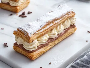 On the white marble cooktop, the cooled choux pastry is sliced horizontally. The bottom half is generously filled with piped Nutella crème mousseline, then topped with the upper half. The assembled Paris-Brest is dusted with icing sugar and placed in the refrigerator until serving.