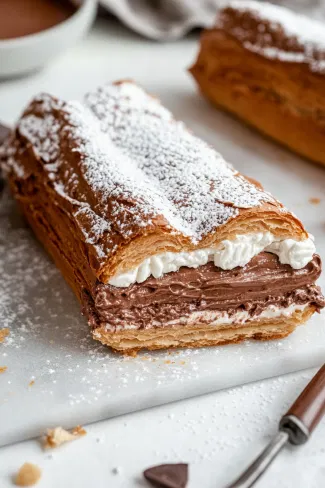 On the white marble cooktop, the cooled choux pastry is sliced horizontally. The bottom half is generously filled with piped Nutella crème mousseline, then topped with the upper half. The assembled Paris-Brest is dusted with icing sugar and placed in the refrigerator until serving.