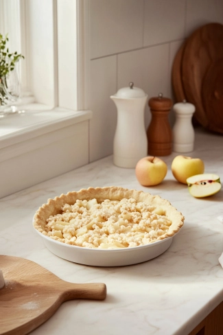 A 9-inch pie dish with a rolled-out crust is set on the white marble cooktop. The prepared apple mixture is layered inside, and the crumble topping is being evenly spread over the top, with a hand lightly pressing to secure it.