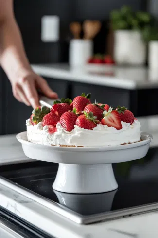 The first cake layer is placed on a serving dish over the white marble cooktop and topped with a layer of Cool Whip-strawberry mixture and fresh strawberries.